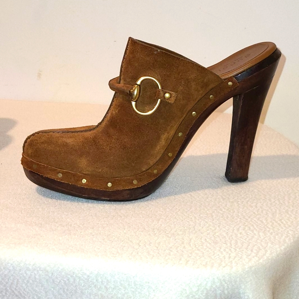 GUCCI SUEDE BROWN HIGH HEEL CLOGS - Picture 3 of 11